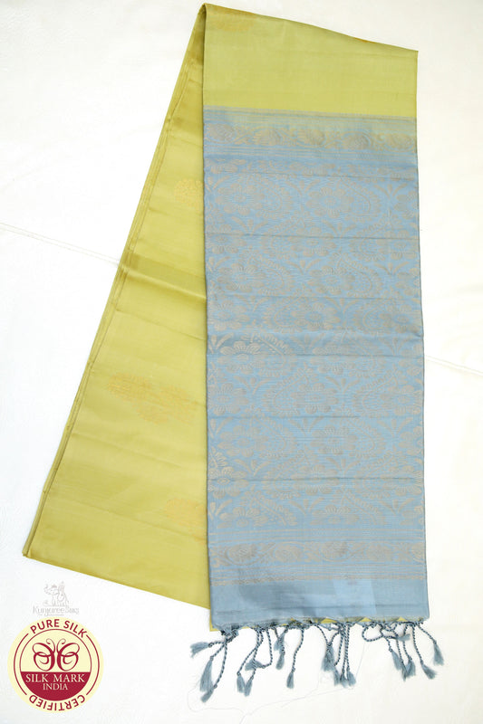 Lime with Grey Color Pure Silk Saree