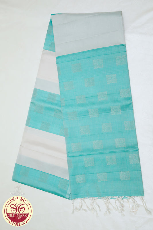 Teal Green with Grey Color Pure Silk Saree