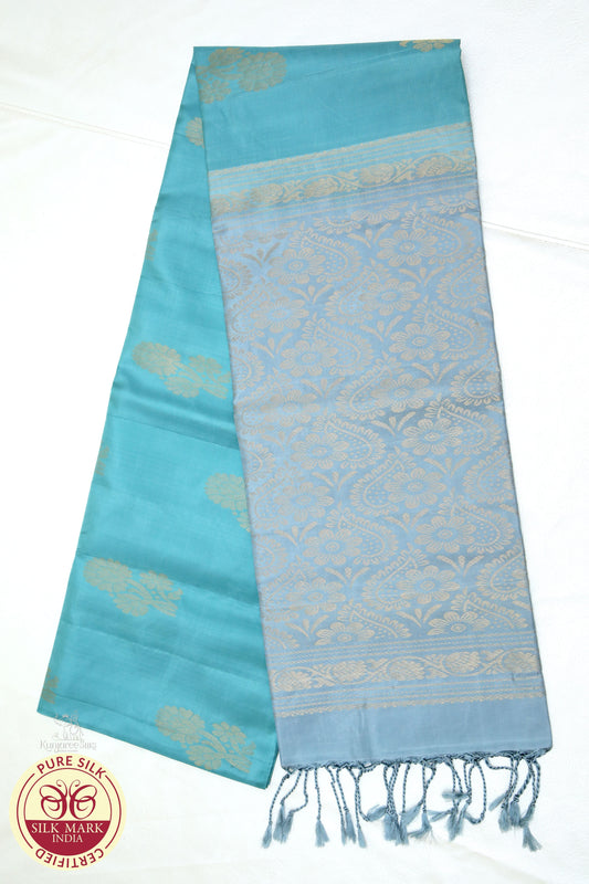 Sky Blue with Grey Color Pure Silk Saree