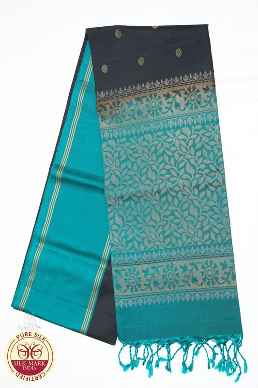 Black with Sea Blue Color Pure Silk Saree