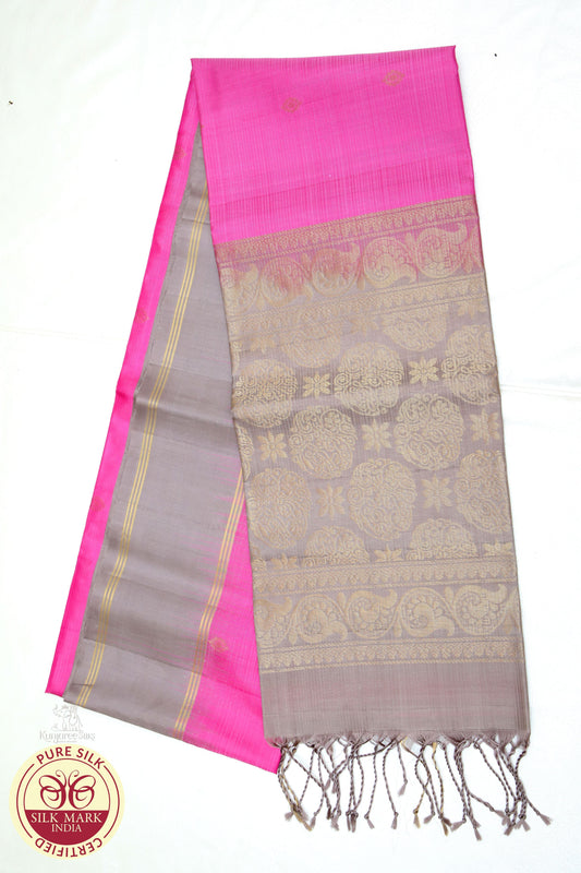 Pink with Biscuit Grey Color Pure Silk Saree