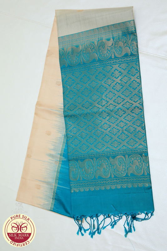 Cream with Rama Green Color Pure Silk Saree