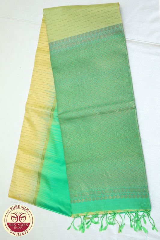 Cream Gold with Green Color Pure Silk Saree