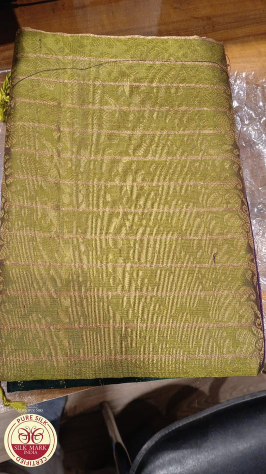 Elegant Bottle Green & Lemon Green Pure Silk Handloom Saree with Silver Zari Weaving