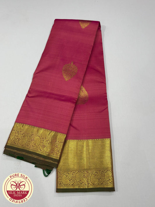 Baby Pink with Gold Bottle Green Color 16 Butta Kanjivarm Pure Silk Saree