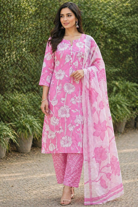 Elegant Pink Floral Printed Unstitched Salwar Suit with Dupatta