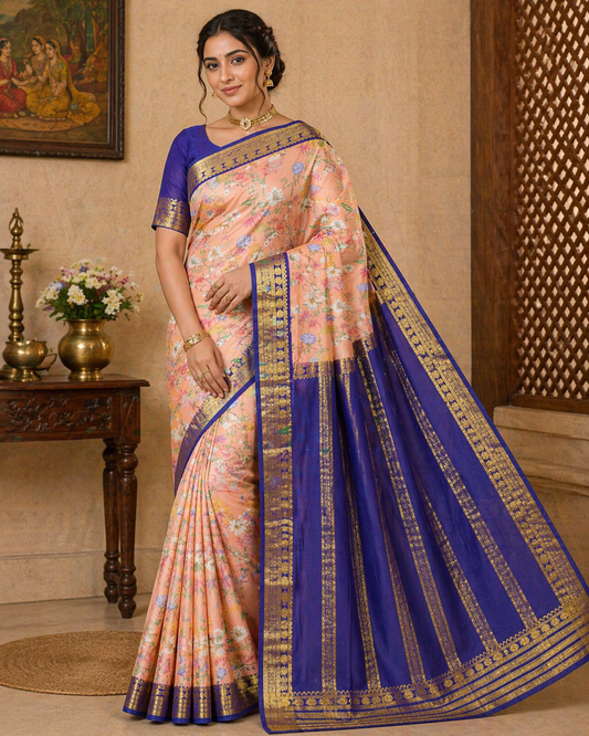 Mysore Silk Kalamkari Saree in Peach with Royal Blue Pallu & Gold Border
