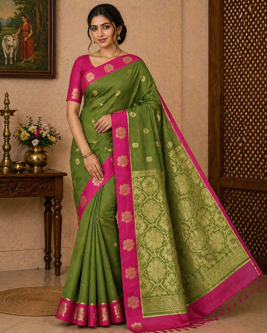 Leaf Green & Rani Pink Pure Cotton Handloom Saree with Gold Zari Floral Border