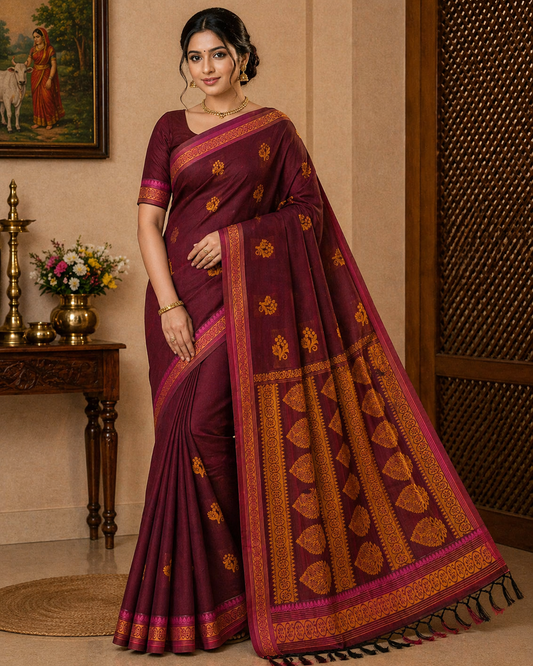 Elegant Wine Maroon Pure Cotton Handloom Saree with Gold Paisley Pallu