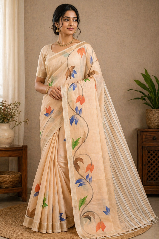 Jute Cotton Oil Paint Saree in Soft Beige with Multicolor Floral Design