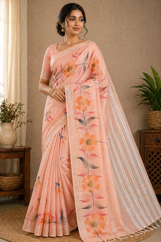 Jute Cotton Oil Paint Saree in Blush Peach with Artistic Floral Design