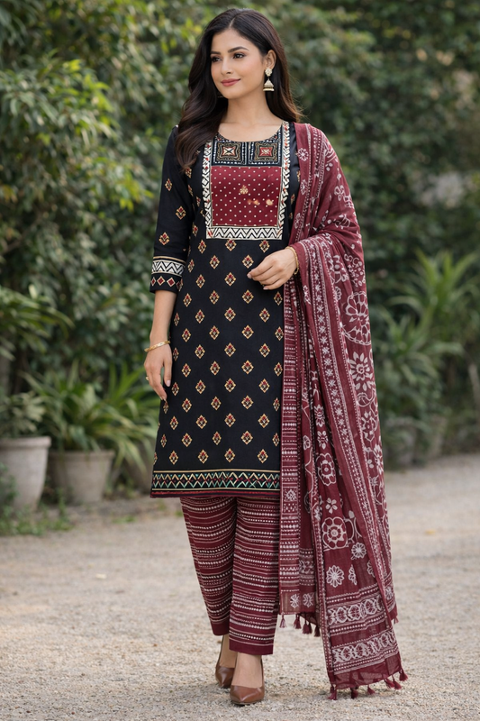 Classic Maroon & Black Geometric Printed Unstitched Salwar Suit with Dupatta