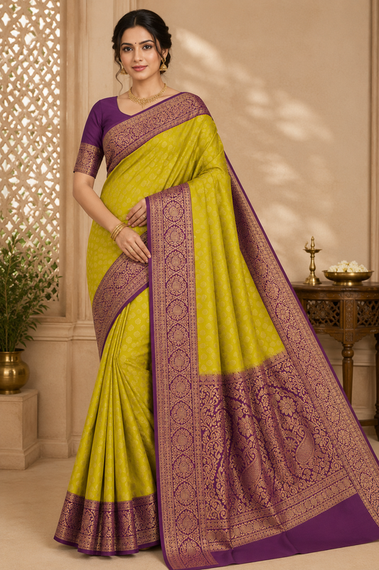 Semi Silk Butta Saree – Mustard Yellow with Wine Purple Rich Zari Border & Grand Pallu