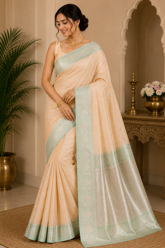 Elegant Soft Peach Beige Banarasi Silk Saree with Mint Green Zari Border
