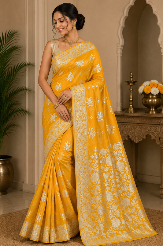 Radiant Mustard Yellow Banarasi Crepe Saree with Antique Silver Floral Zari Border