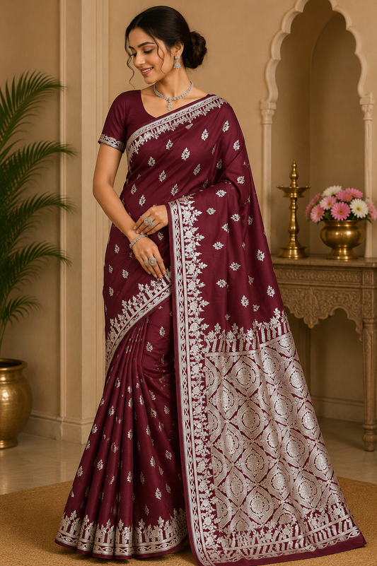 Wine Maroon Banarasi Mashroo Silk Saree with Antique Silver Zari Buttis