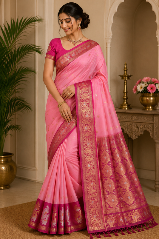 Elegant Baby Pink & Rani Pink Semi Soft Silk Meenakari Saree with Peacock Border
