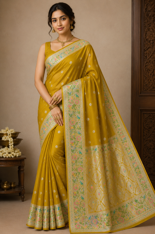 Mustard Gold Banarasi Tussar Georgette Saree with Silver Floral Bird Border