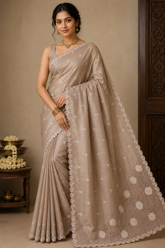 Champagne Beige Tussar Cutwork Semi Silk Saree with Elegant Floral Embroidery