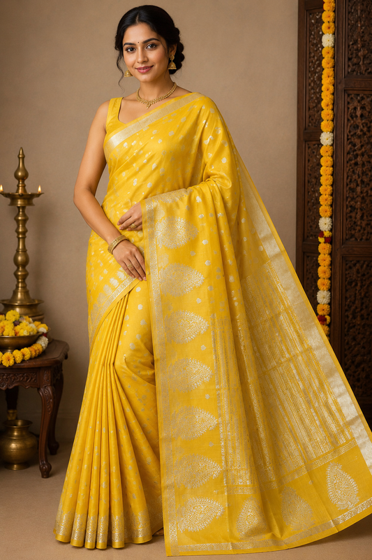 Sunshine Yellow Tussar Semi Silk Saree with Silver Paisley Weaving