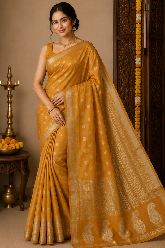 Mustard Gold Tussar Semi Silk Saree with Antique Gold Paisley Weaving