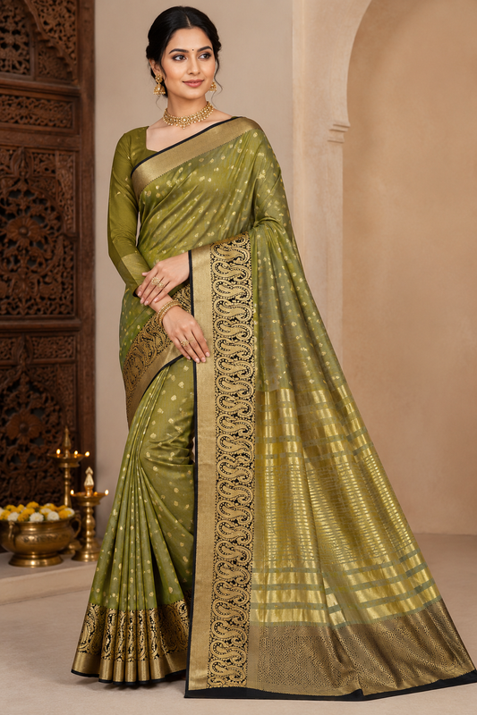 Olive Green Dual Shade Tussar Semi Silk Saree with Antique Gold Paisley Border