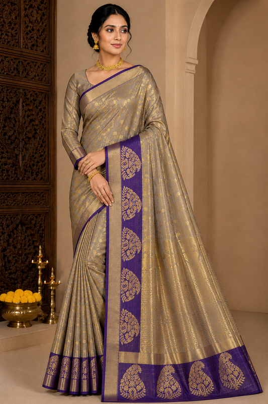 Lavender Grey Dual Shade Tussar Semi Silk Saree with Royal Purple Zari Border