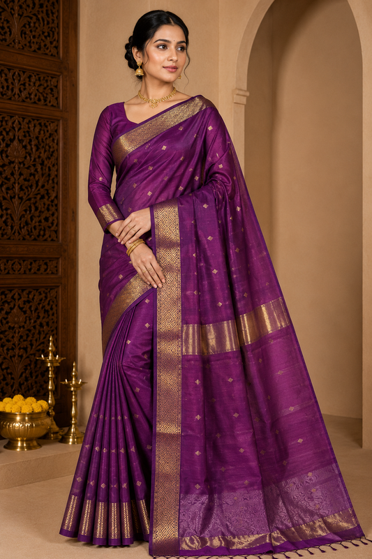 Royal Purple Pure Maheshwari Handloom Silk Saree with Antique Gold Zari Border