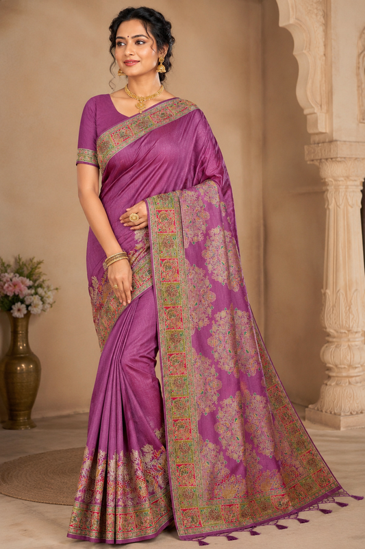 Floral Woven Saree – Orchid Purple with Antique Gold Heritage Border