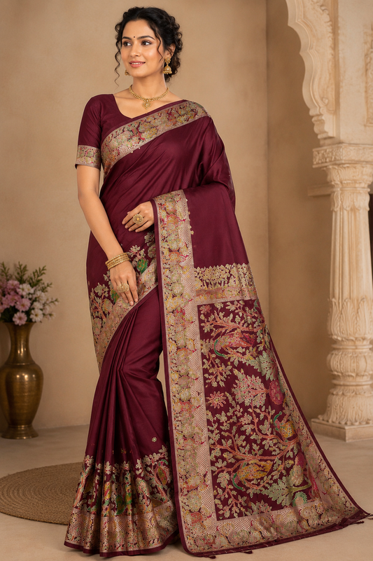Peacock & Forest Heritage Saree – Deep Maroon with Antique Gold Woven Pallu