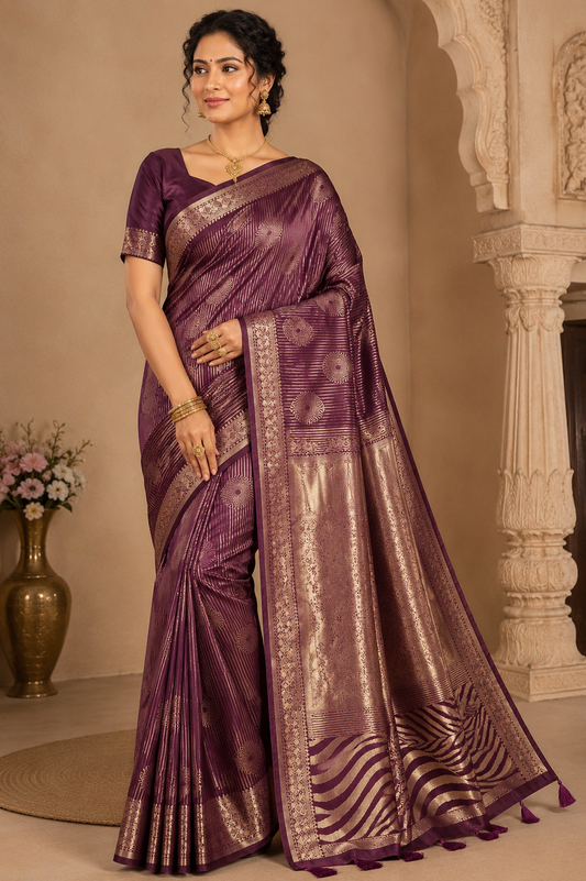 Designer Satin Silk Saree – Royal Wine Purple with Golden Zari Geometric Weaving