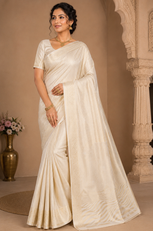 Designer Satin Silk Saree – Pearl Ivory with Self Gold Zari Weaving