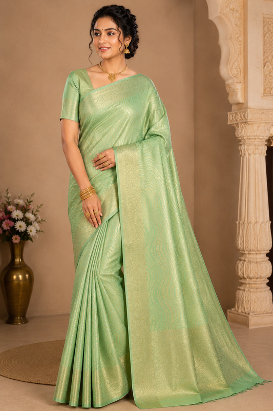 Designer Satin Silk Saree – Pista Green with Golden Wave Zari Weaving