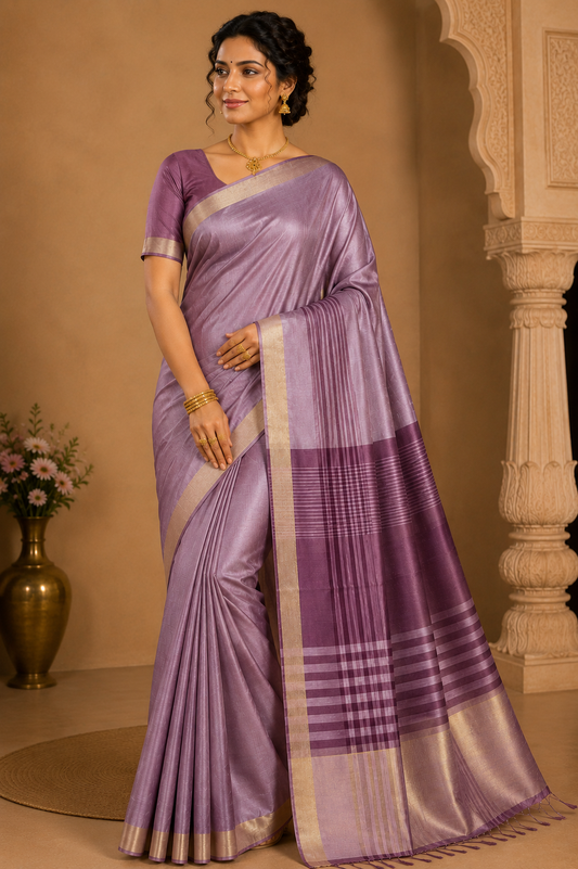 Premium Raw Silk Saree – Dusty Lavender with Deep Mauve Striped Pallu