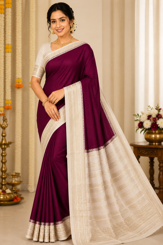 Mysore Silk Saree in Royal Wine Purple with Ivory Cream Silver Zari Border & Pallu