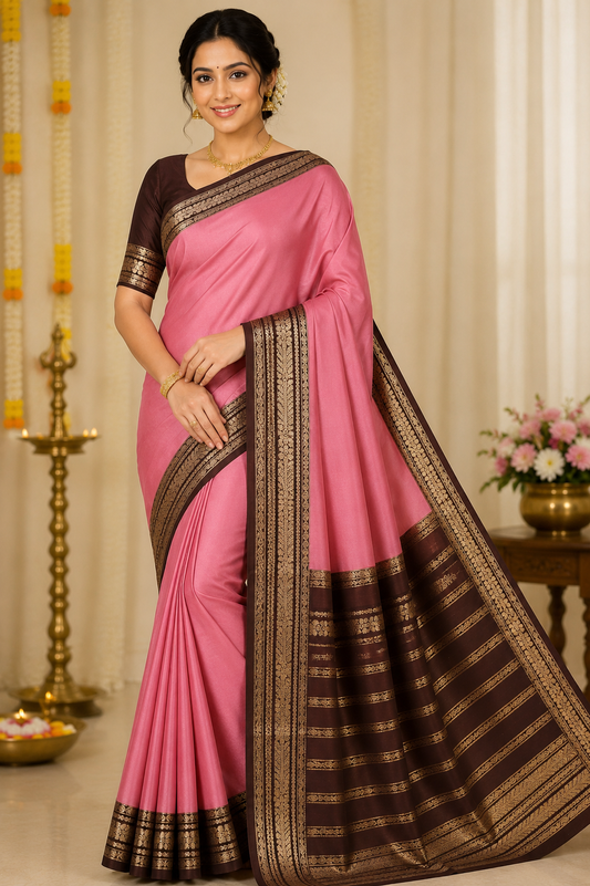 Mysore Silk Saree in Rose Pink with Coffee Brown Gold Zari Border & Pallu