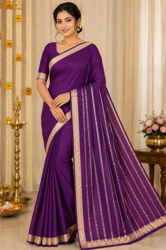 Mysore Silk Saree in Royal Purple with Gold Zari Border & Striped Pallu