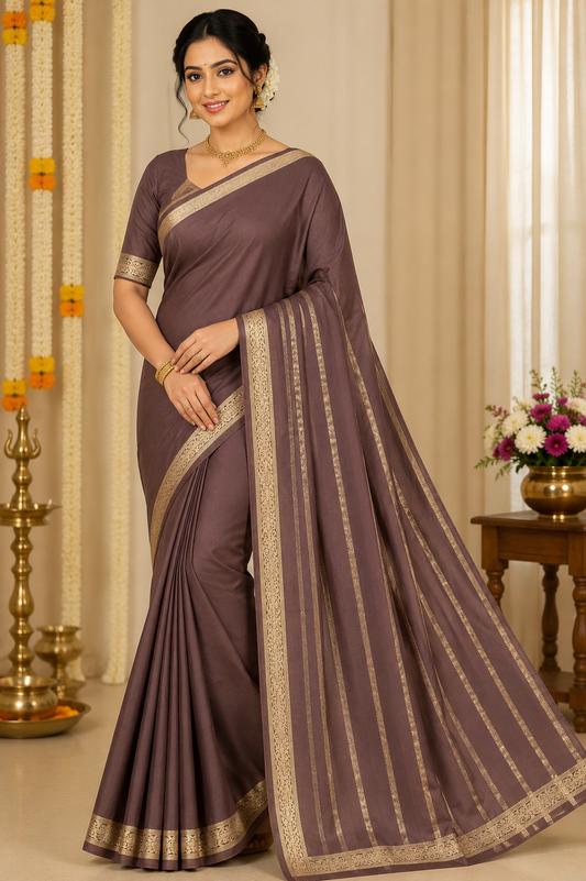 Mysore Silk Saree in Mocha Brown with Gold Zari Border & Self Striped Pallu