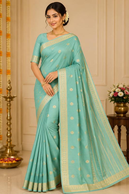Mysore Silk Light Aqua Green Saree with Gold Zari Buttas & Traditional Gold Border