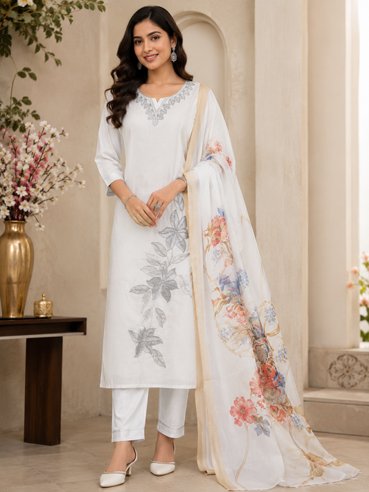 Elegant Ivory White Ready-Made Salwar Suit with Silver Floral Embroidery & Printed Dupatta