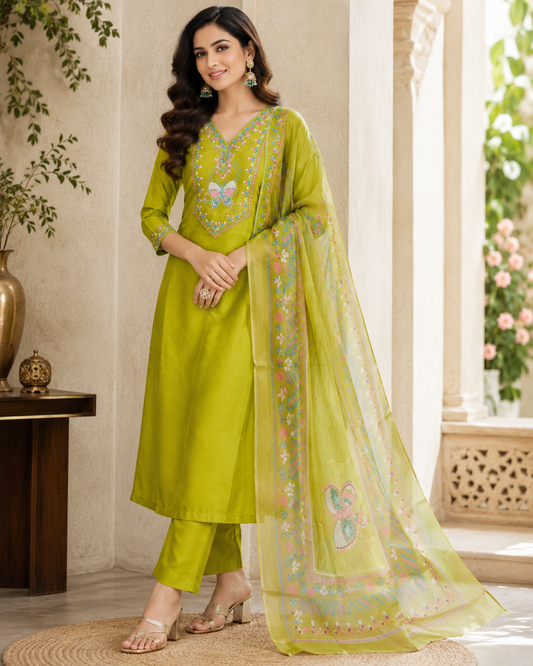 Elegant Parrot Green Salwar Suit with Butterfly Embroidery & Organza Printed Dupatta