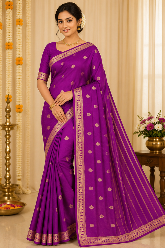 Royal Orchid Purple Mysore Silk Saree with Antique Gold Zari Butta & Traditional Border