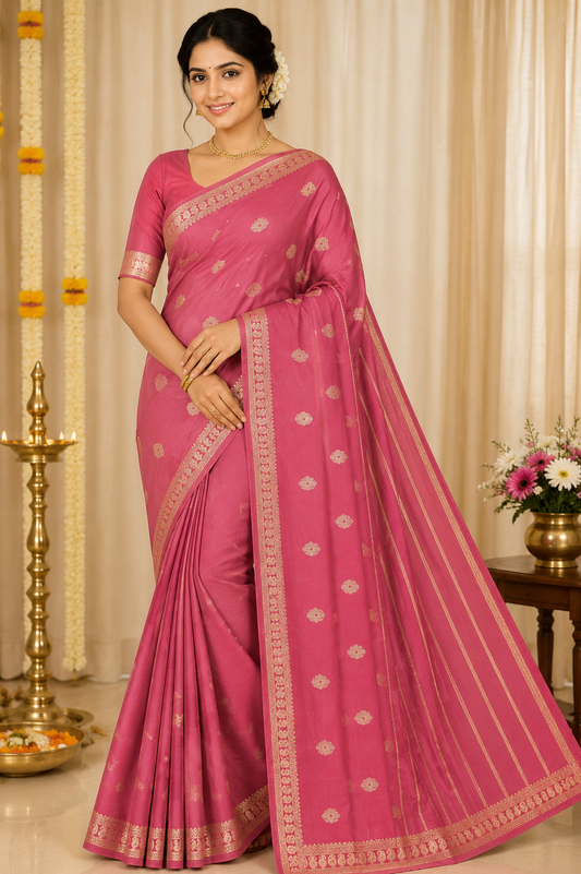 Mysore Silk Coral Pink Saree with Traditional Gold Zari Buttas & Elegant Woven Border