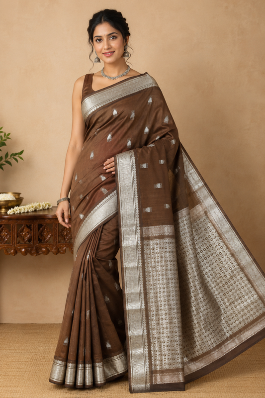 Handloom Silk Cotton Saree in Coffee Brown with Silver Zari Buttas & Rich Pallu