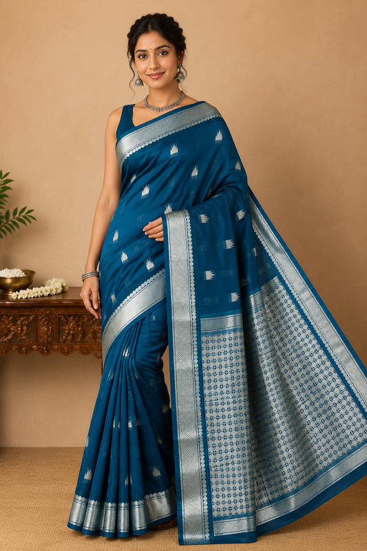 Handloom Silk Cotton Saree in Peacock Blue with Silver Zari Buttas & Grand Pallu