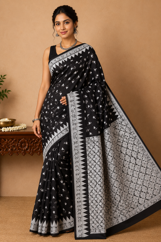 Handloom Silk Cotton Saree in Classic Black with Ivory White Geometric Weaves