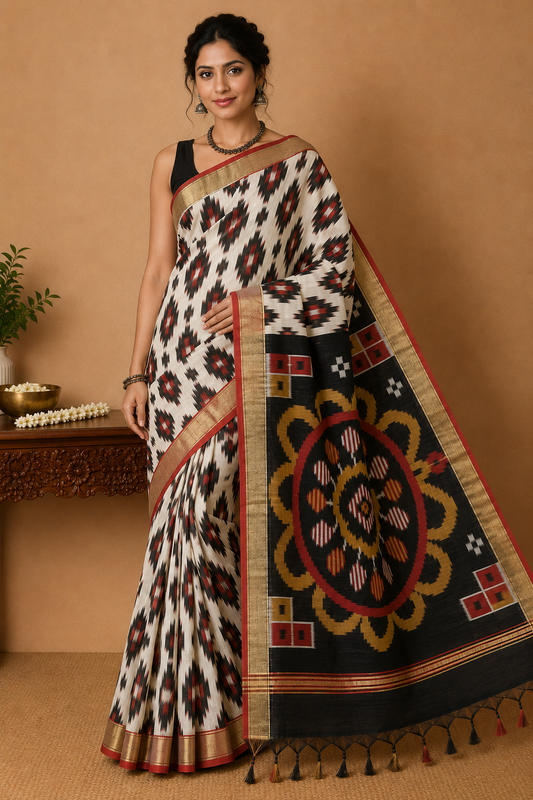 Handloom Cotton Silk Pochampally Saree in Black & Ivory with Grand Designer Pallu