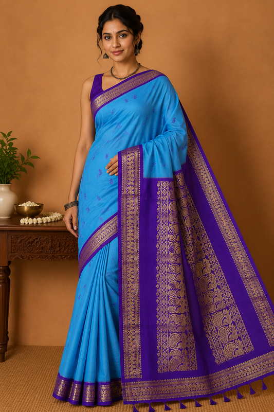 Kalyani Cotton Saree in Sky Blue with Royal Purple Zari Border & Rich Pallu