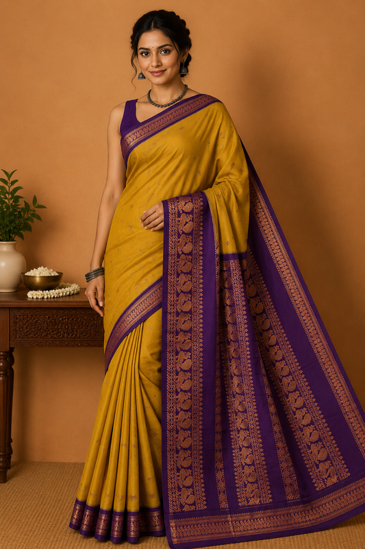 Kalyani Cotton Saree in Mustard Yellow with Royal Purple Zari Pallu