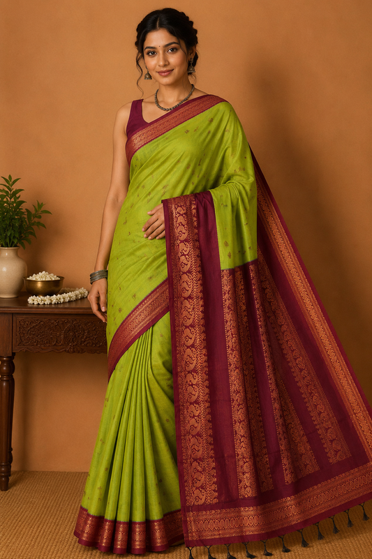 Kalyani Cotton Saree in Parrot Green with Wine Purple Zari Pallu